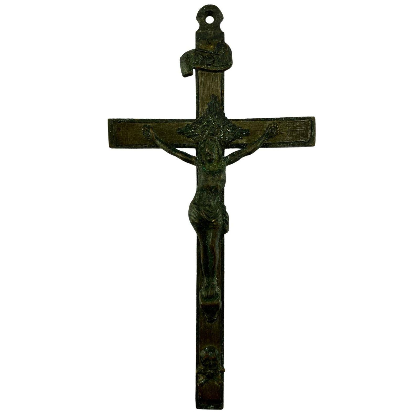 Antique Bronze Pectoral Religious Skull & Cross Bones Crucifix