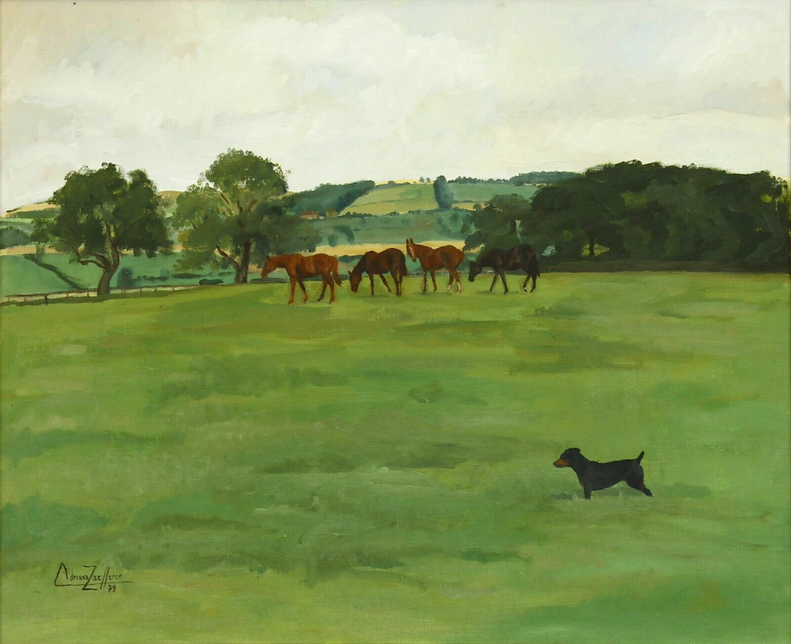 Oil On Canvas By Adriana Zaefferer. Horses And Dachshund In Field photo furniture