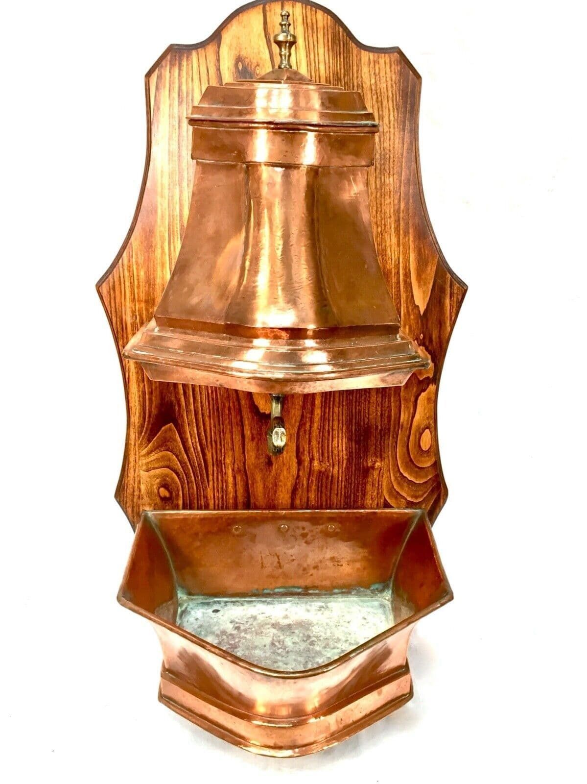 Antique French Copper Wall Fountain / Water Feature On Oak Display Board C1900 photo 419.0