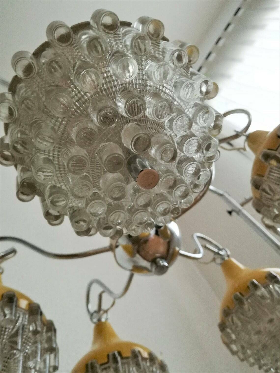 Vintage Teardrop Chandelier  Midcentury Pendant Light  Space Age  Yellow And Silver  Pineapple Shape photo 352.0