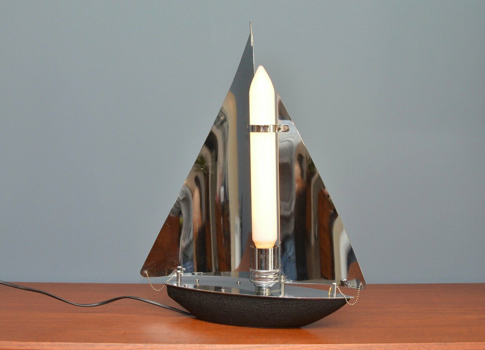 photo for sale Very Rare Art Deco Style Chromed Sailing Boat Table Lamp 1970s
