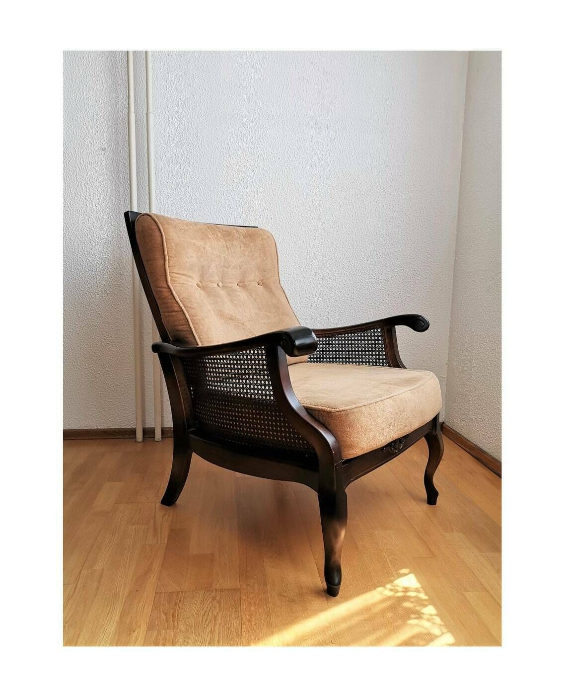 Vintage Regency Style Armchair / 80s Yugoslavia / Upholstered Wicker Armchair / Mid Century Design