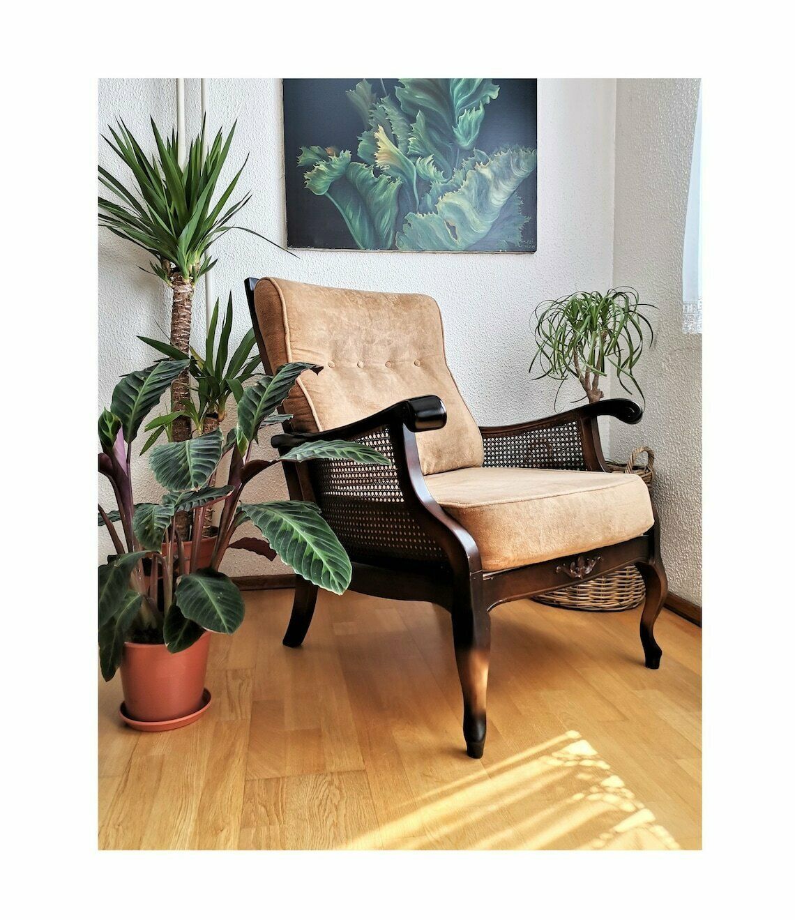 photo furniture Vintage Regency Style Armchair / 80s Yugoslavia / Upholstered Wicker Armchair / Mid Century Design