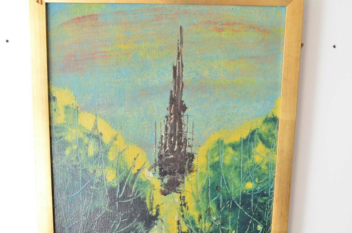 Vintage Midcentury Semi Abstract Cityscape Oil Painting, 1970s photo for sale