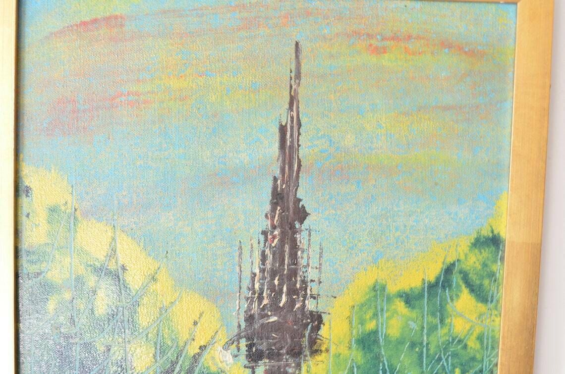Vintage Midcentury Semi Abstract Cityscape Oil Painting, 1970s photo vinterior