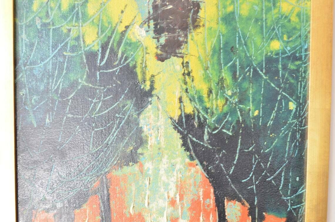 Vintage Midcentury Semi Abstract Cityscape Oil Painting, 1970s photo vintage