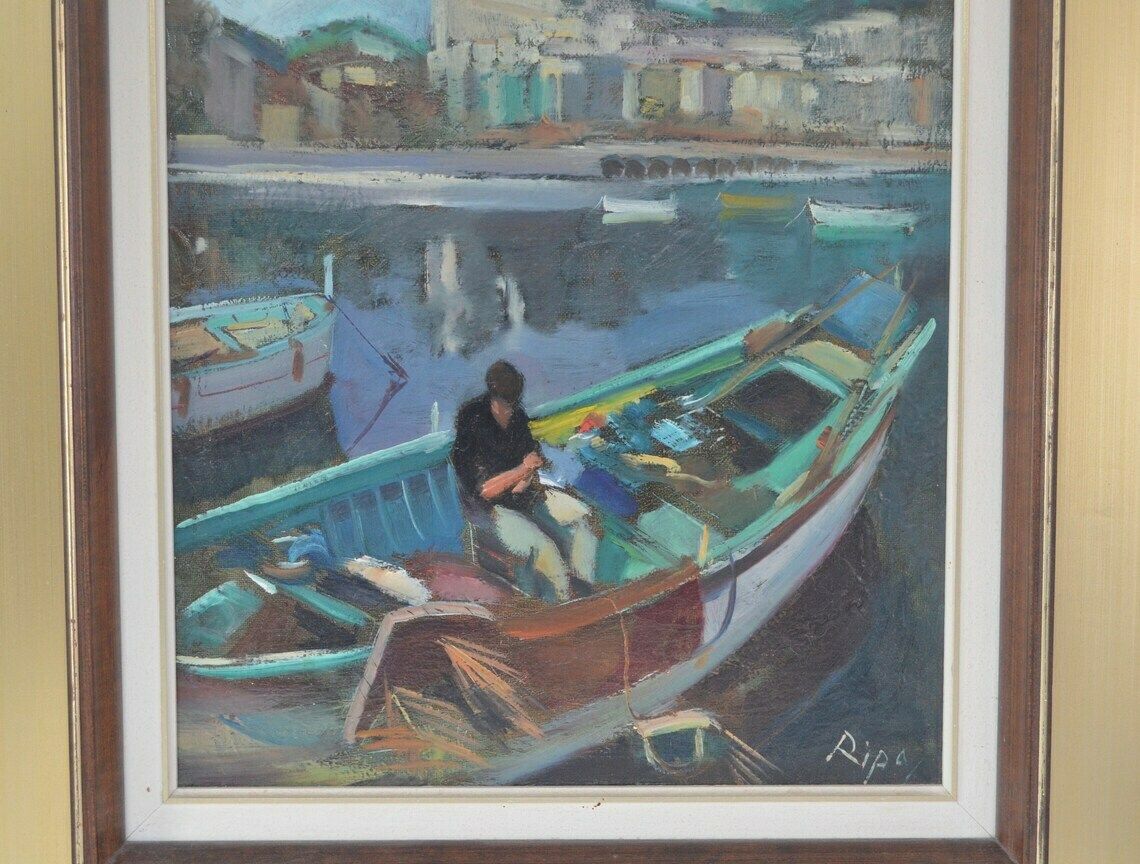 Vintage Swedish Midcentury Semi Abstract Harbour Scene Oil Painting By Hans Ripa, 1970s photo vinterior