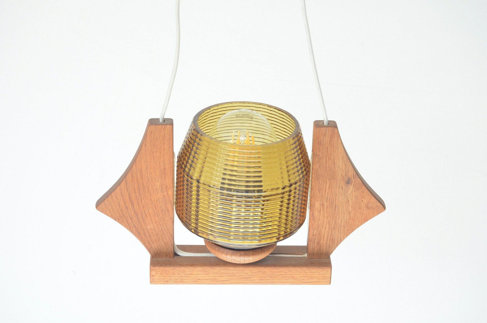 Vintage Midcentury Wood With Glass Hanging Lamp, Sweden 1960s photo for sale