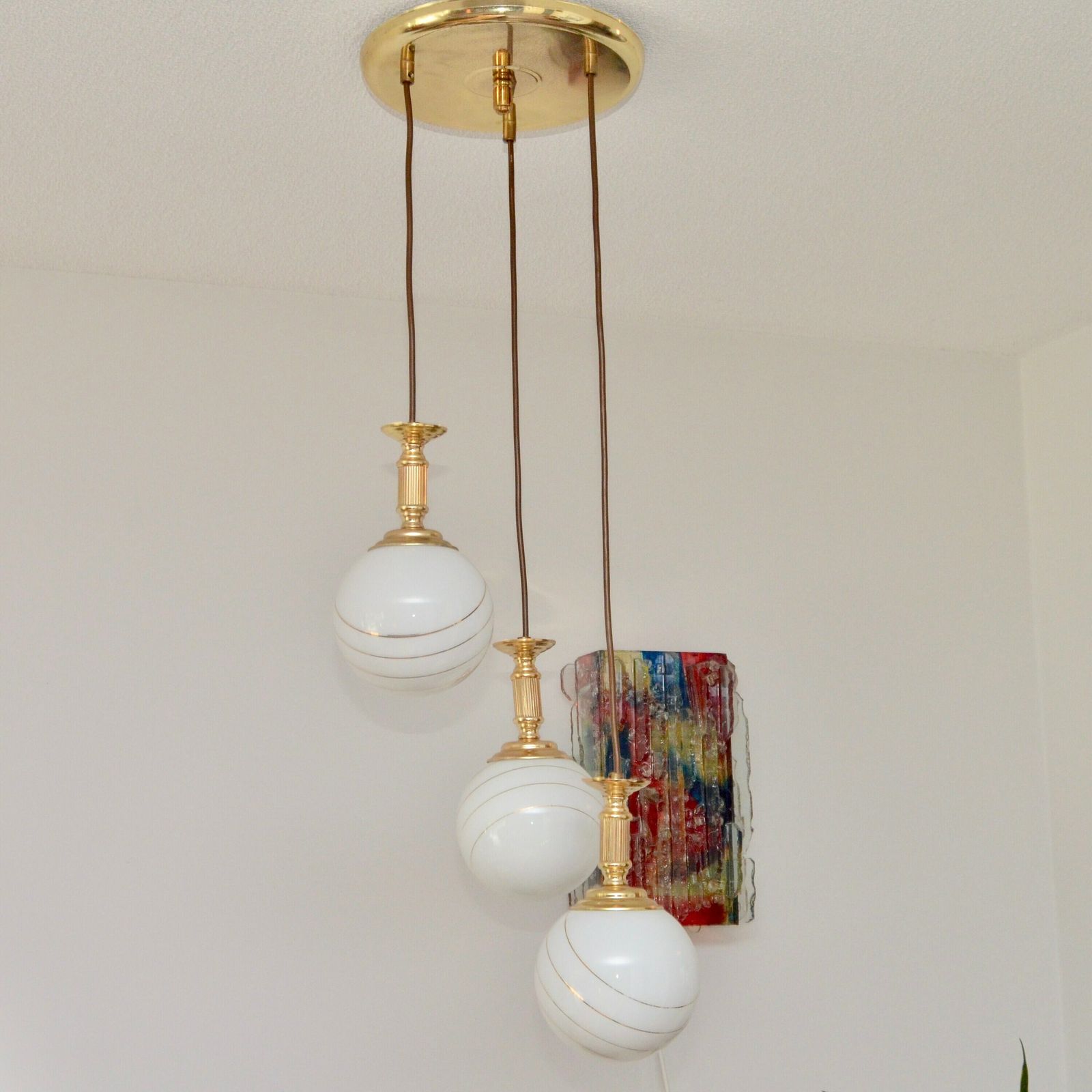 Midcentury Hanging Cascade Hanging Lamp By Massive Belgium With Gold Stripes, 1980s photo for sale