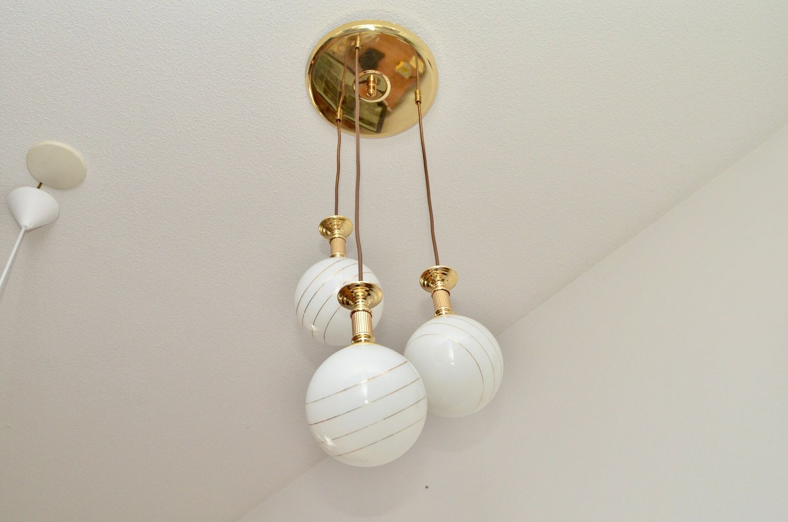 Midcentury Hanging Cascade Hanging Lamp By Massive Belgium With Gold Stripes, 1980s photo 223.0