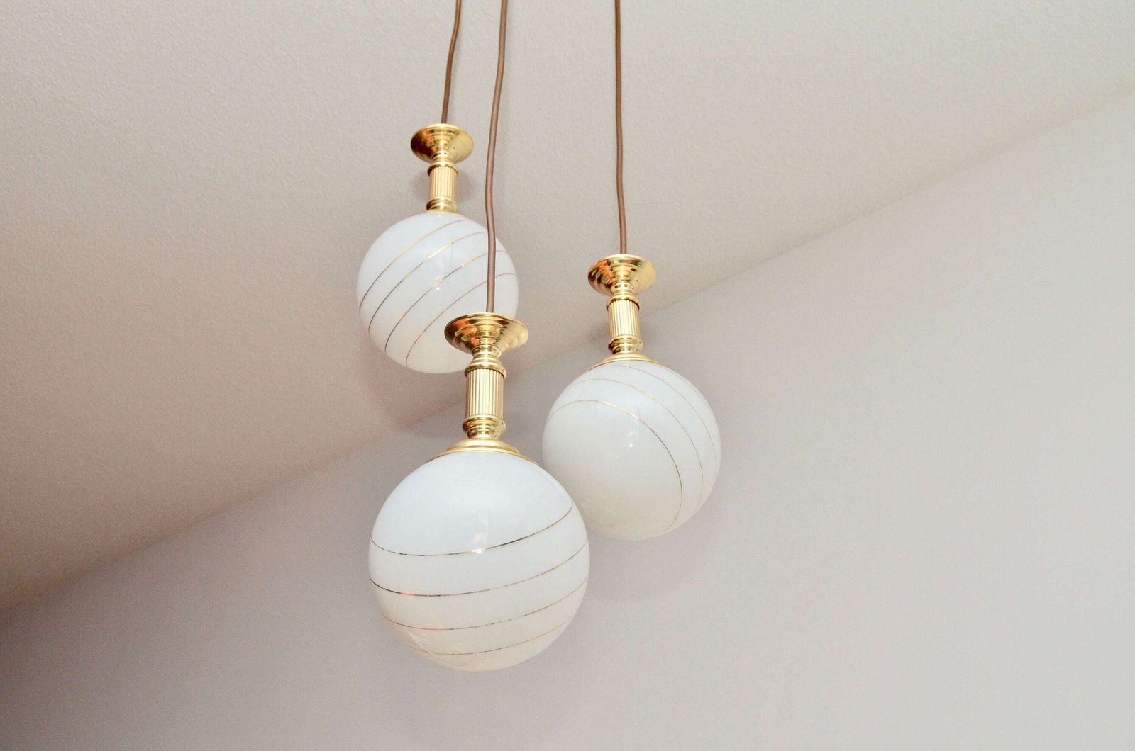 Midcentury Hanging Cascade Hanging Lamp By Massive Belgium With Gold Stripes, 1980s photo buy