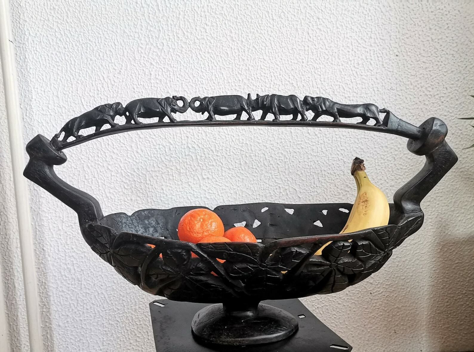 Authentic African Wooden Basket / Hand Carved Animal Motif / Elephant Lion Rhino Carvings / Fruit Bowl / Decoration / 20th Century
