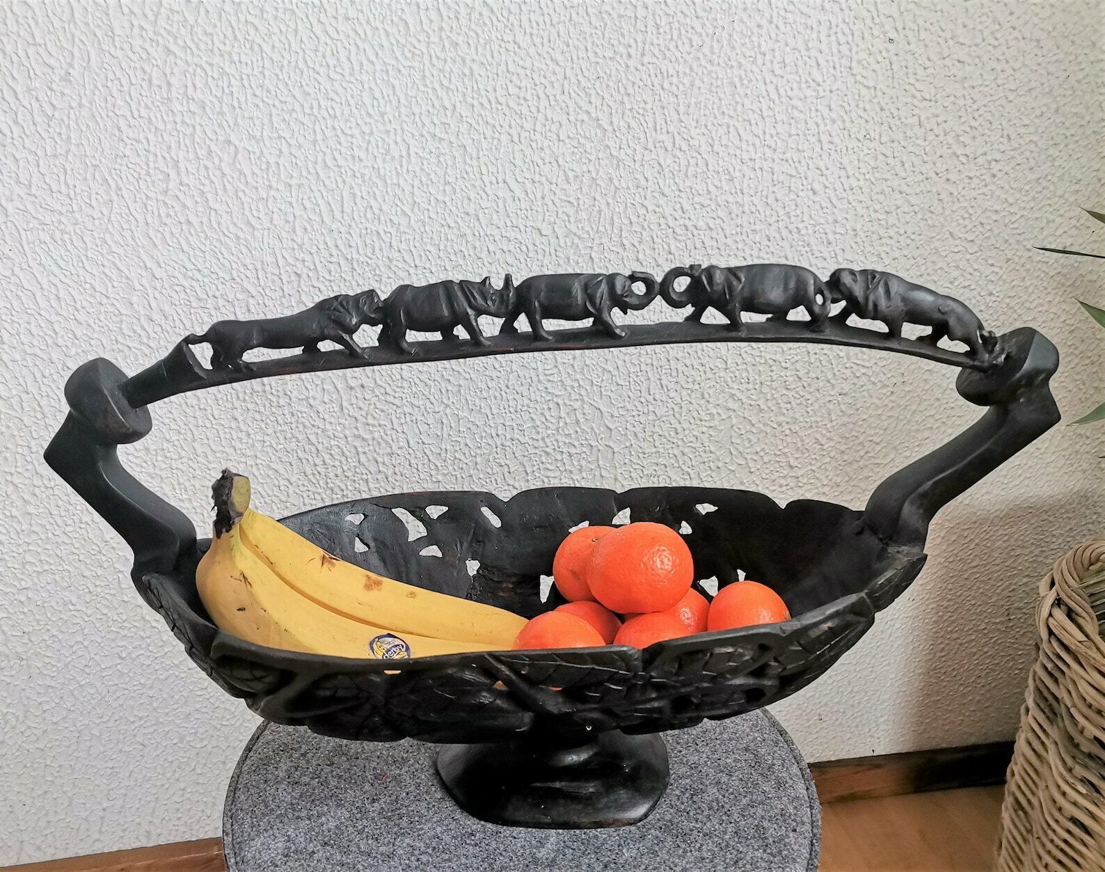Authentic African Wooden Basket / Hand Carved Animal Motif / Elephant Lion Rhino Carvings / Fruit Bowl / Decoration / 20th Century photo furniture