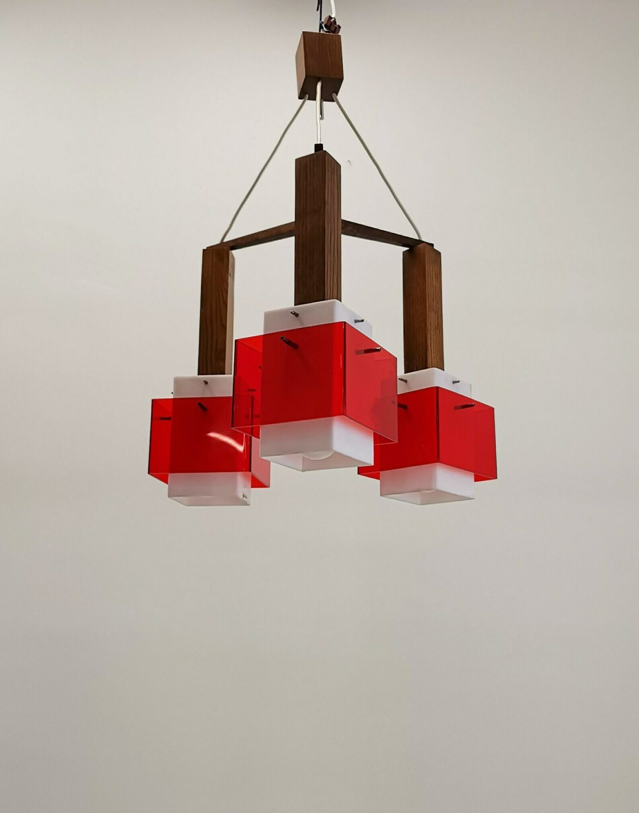 Harvey Guzzini 3 Cube Pendant Light / Midcentury Meblo Yugoslavia / Plexiglas, Wood And Metal Chandelier / Space Age Geometric Hanging Light photo furniture
