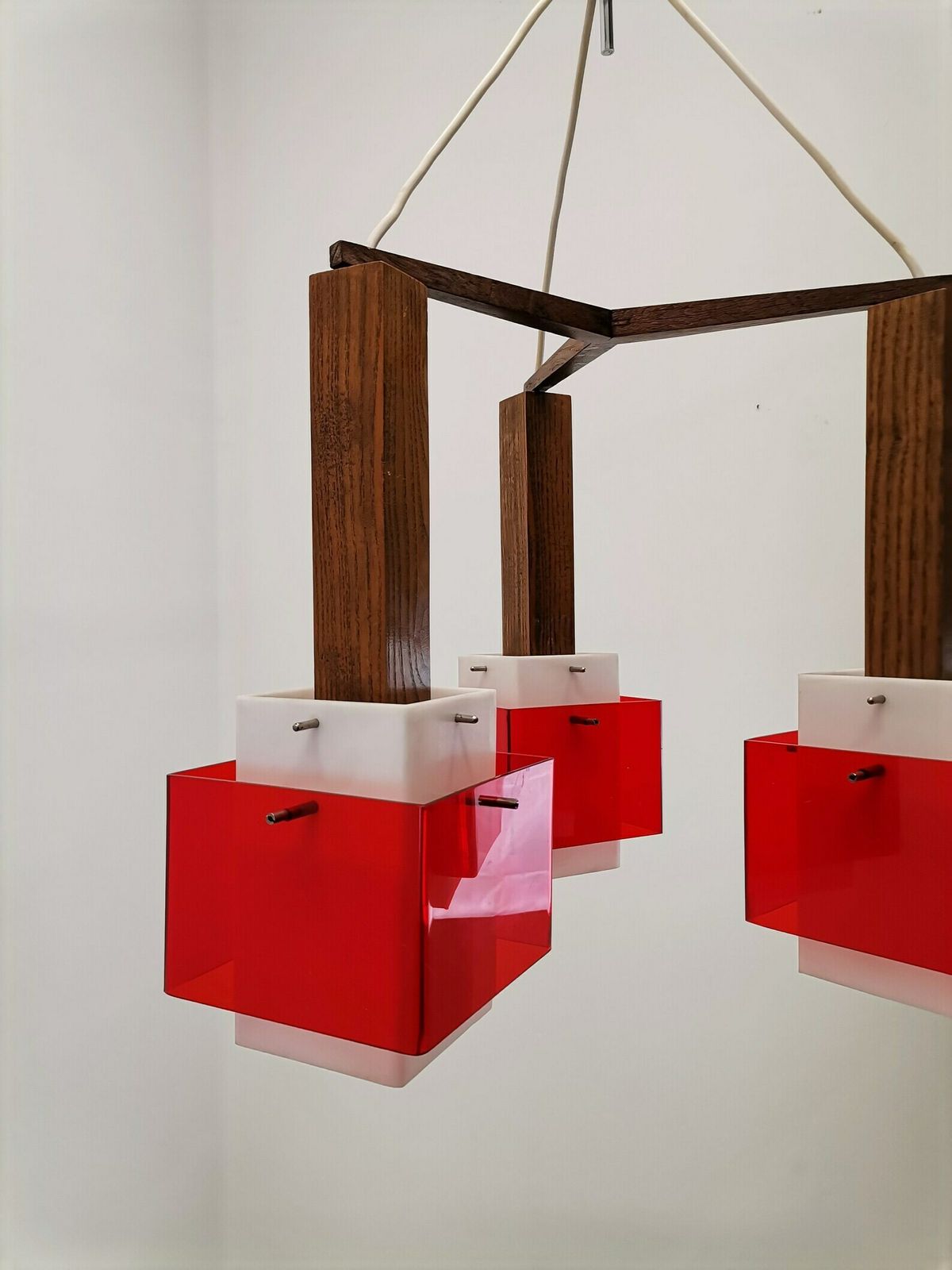 Harvey Guzzini 3 Cube Pendant Light / Midcentury Meblo Yugoslavia / Plexiglas, Wood And Metal Chandelier / Space Age Geometric Hanging Light photo buy