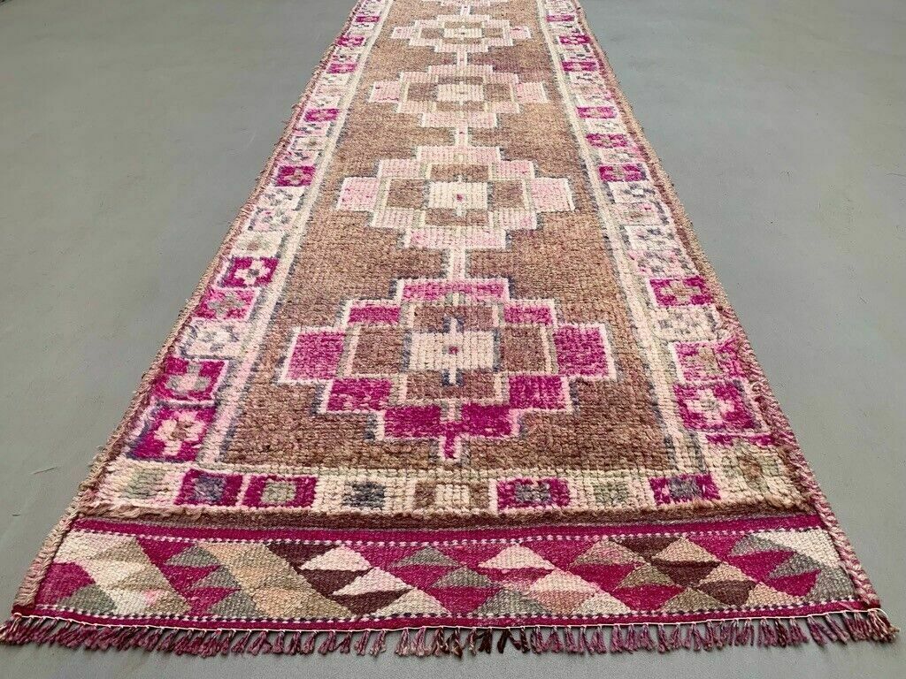 Vintage Turkish Tribal Runner 360x93 Cm Veg Dye Wool Rug Tribal, Handmade