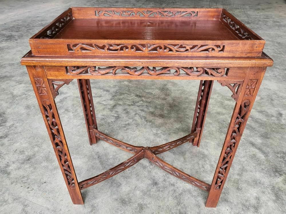 Antique Repro Carved Hall Side End Table Square Legs Fretwork Stretcher