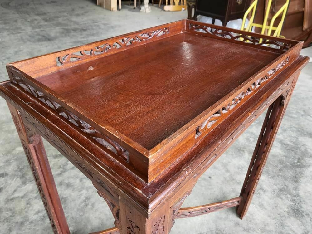 Antique Repro Carved Hall Side End Table Square Legs Fretwork Stretcher photo for sale