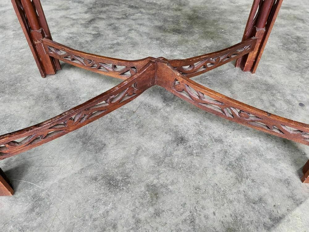 Antique Repro Carved Hall Side End Table Square Legs Fretwork Stretcher photo vinterior