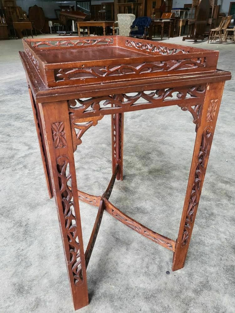 photo for sale Antique Repro Carved Hall Side End Table Square Legs Fretwork Stretcher