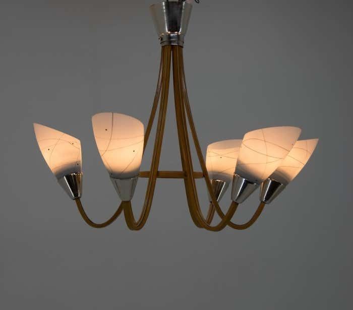 Midcentury Wood & Glass Chandelier By Dřevo Humpolec, 1960s photo Lighting