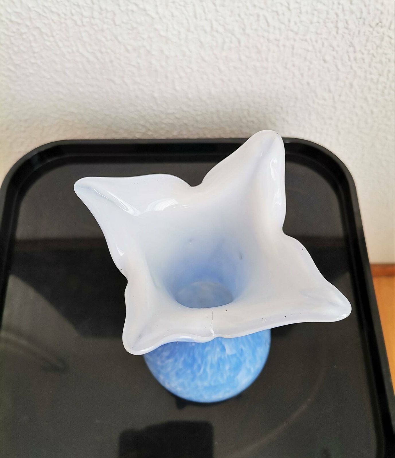 Vintage Mottled Light Blue Vase / Handblown Glass / Flower Petal Top / 80s Yugoslavia photo furniture