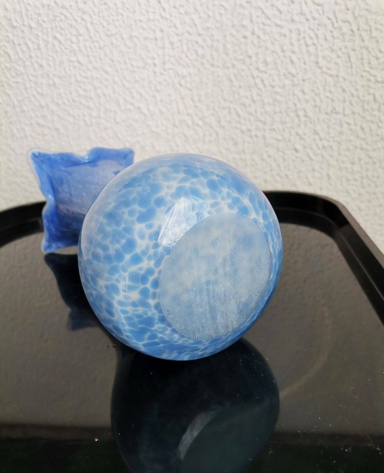Vintage Mottled Light Blue Vase / Handblown Glass / Flower Petal Top / 80s Yugoslavia photo for sale