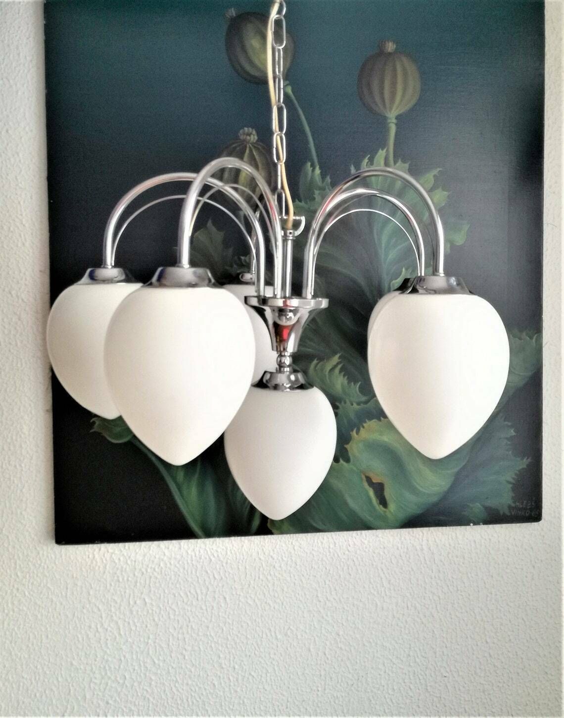 Vintage Teardrop Chandelier Glass And Metal Hanging Light  60s Italy  Mid Century Modern Chrome Pendant Light photo furniture