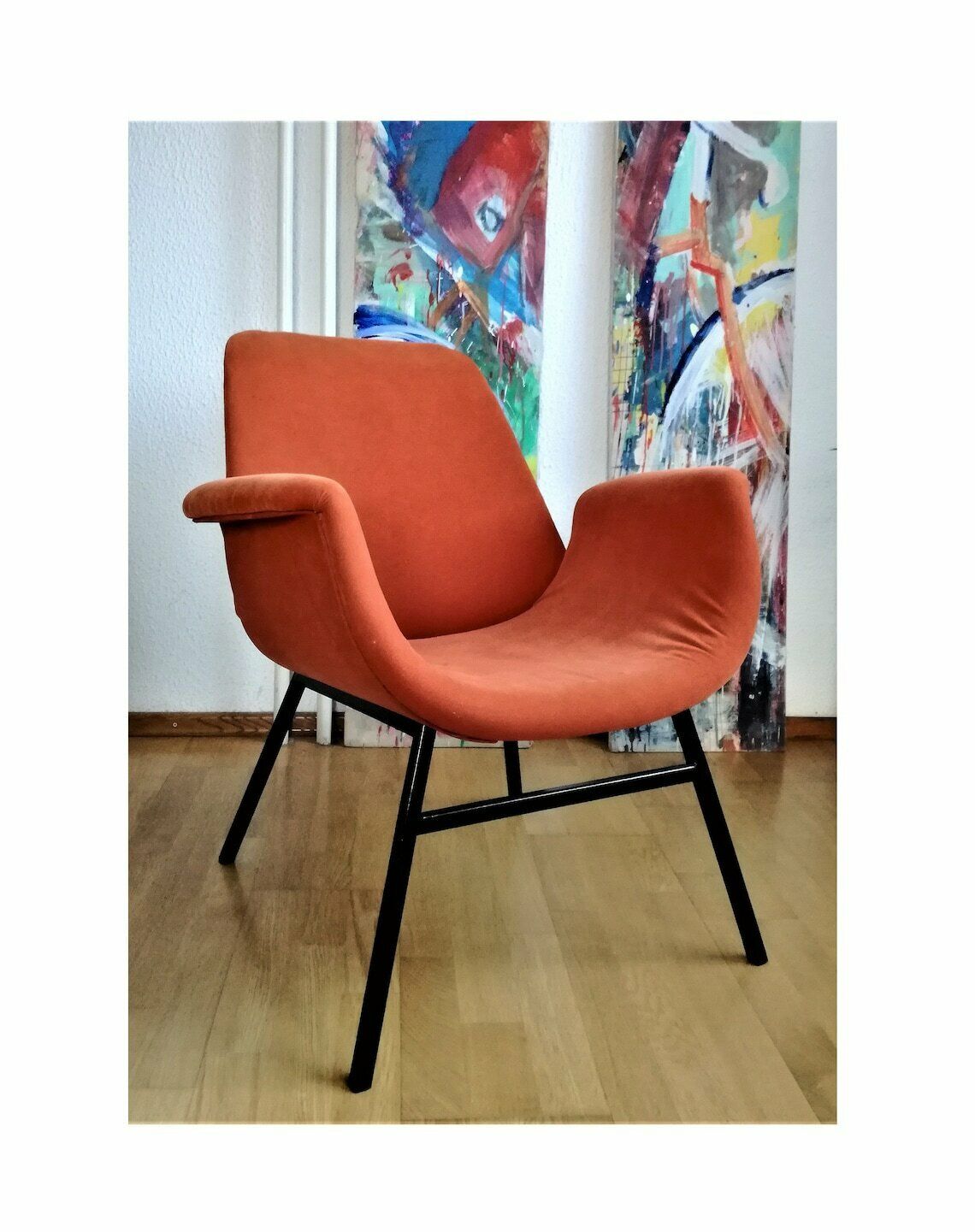 Vintage Mid Century Modern Armchair  Alvin Lustig Style  Soft Orange Fabric  Lounge Chair Angular Metal Frame  1950s Design