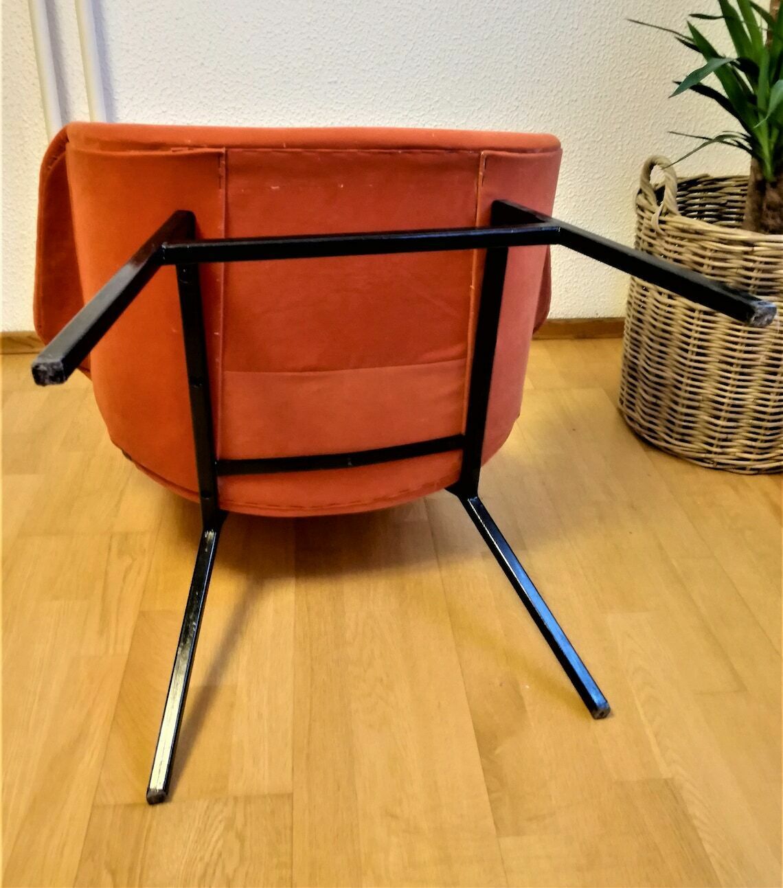 Vintage Mid Century Modern Armchair  Alvin Lustig Style  Soft Orange Fabric  Lounge Chair Angular Metal Frame  1950s Design photo vinterior