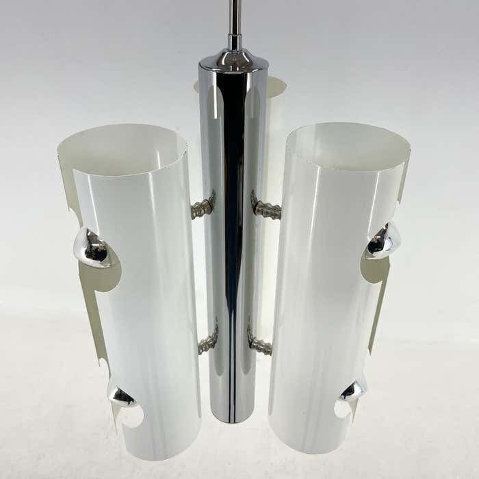 Mid Century Italian Space Age Pendant Light In Chrome And White Lacquered Metal photo Lighting