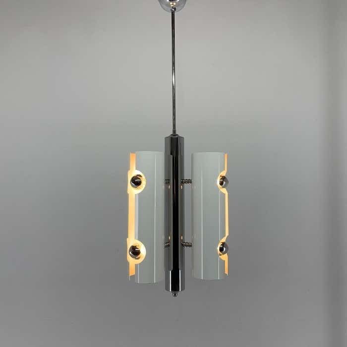 Mid Century Italian Space Age Pendant Light In Chrome And White Lacquered Metal photo buy