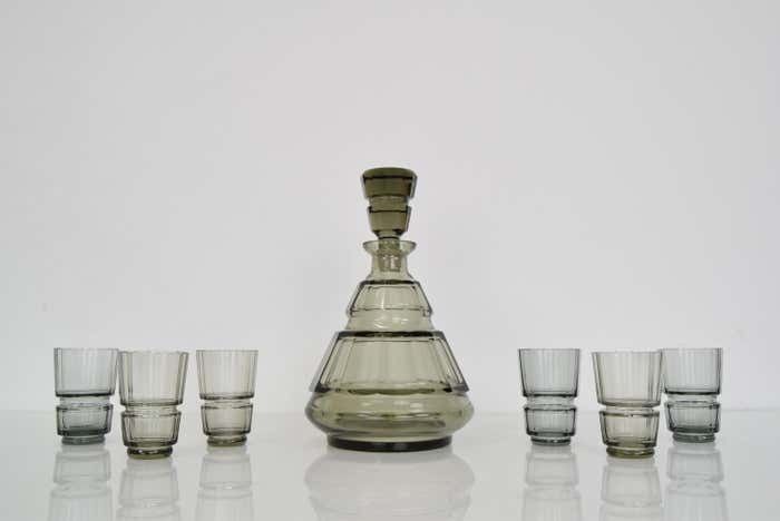 Art Deco Glass Carafe With Six Glasses, Bohemia, 1930's photo furniture