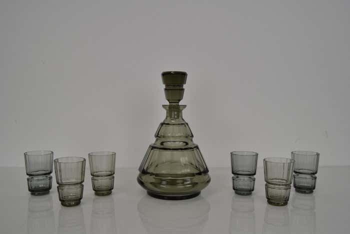 Art Deco Glass Carafe With Six Glasses, Bohemia, 1930's photo for sale