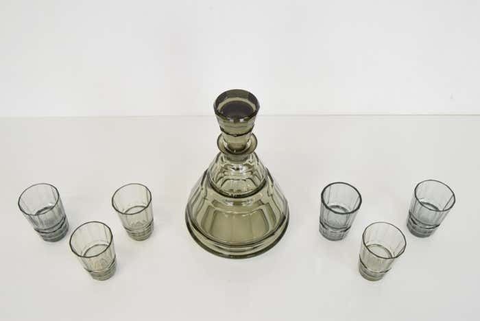 Art Deco Glass Carafe With Six Glasses, Bohemia, 1930's photo Home Decor