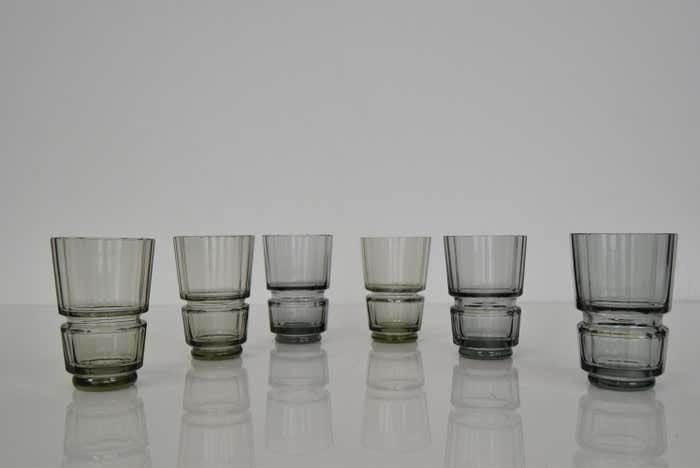 Art Deco Glass Carafe With Six Glasses, Bohemia, 1930's photo vintage