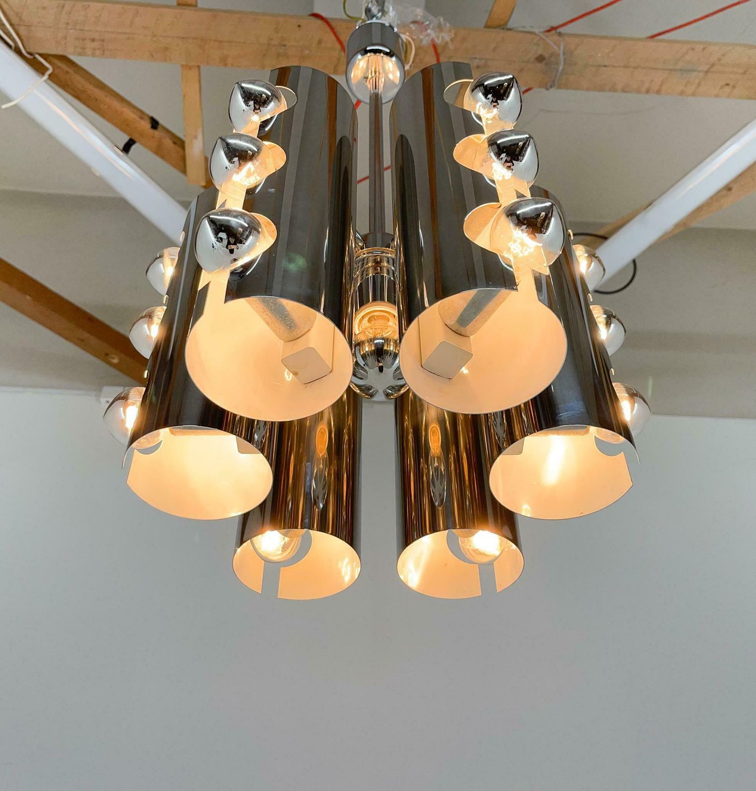 photo for sale 1960''S Italian Chrom Chandelier In Style Of Gaetano Sciolari