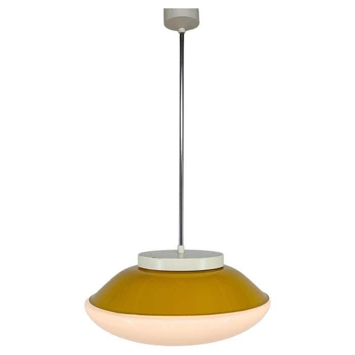 Mid Century Milk Glass & Metal 'Ufo' Pendant Czechoslovakia