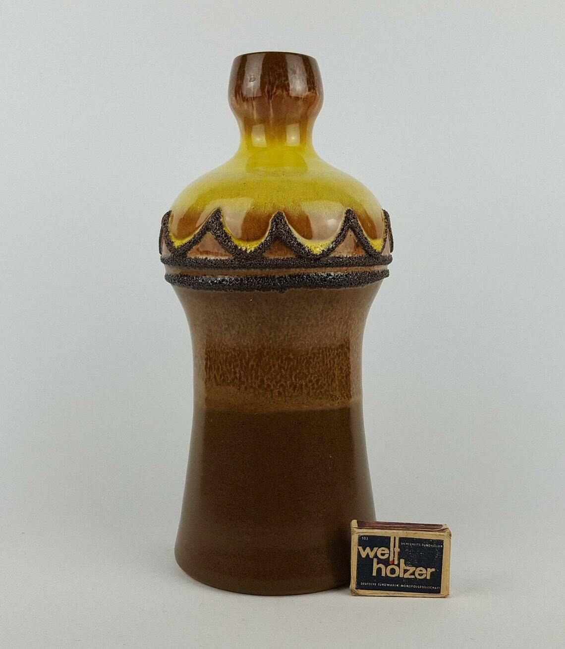 Vintage Brown Yellow Veb Strehla Vase, East German Pottery 60 70s photo furniture