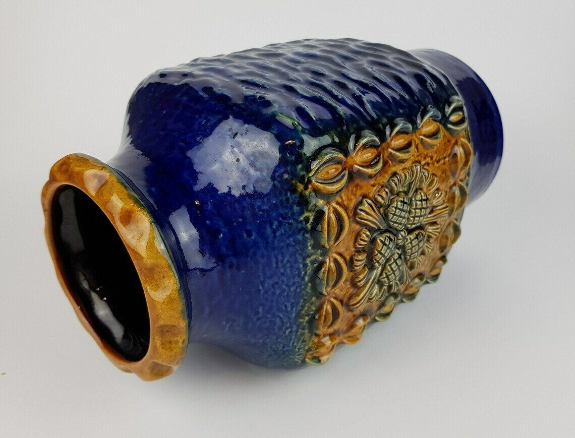 Vintage Dumler Und Breiden Keramik Blue And Ochre Fat Lava Vase Studio Serie 73/25, West German Pottery 1970s photo 86.0