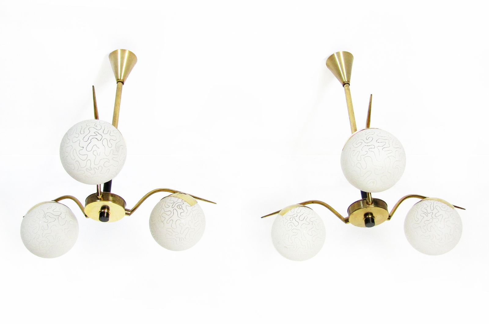Pair Of 1960s Etched Globe Madmen Chandeliers By Maison Arlus photo Lighting