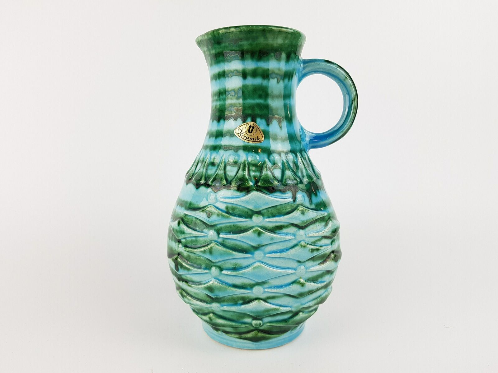 Vintage Ubelacker (U Keramik) Green And Blue Pitcher Handled Vase 1651/20 West German Pottery 1970s