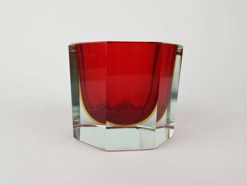 Vintage Murano Sommerso Glazen Schaal/Kandelaar In Rood En Geel Door Alessandro Mandruzzato, Italiaans Kunstglas, Ca. Jaren 1960–1970