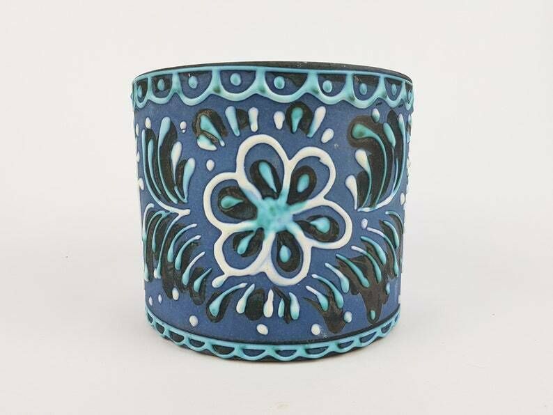 Vintage Marei Keramik Blue Hand Painted Planter Flower Pot West German Pottery 1960s