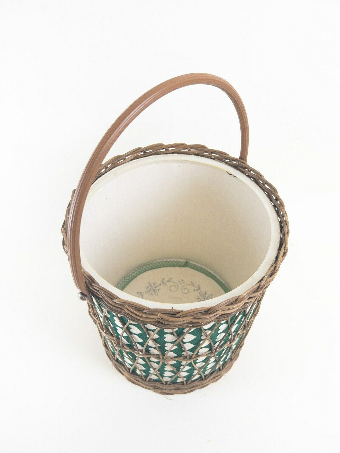 Round Green Wicker Sewing Basket With Heart Motif   Knitting Basket   Yarn Basket   Mid Century Decor photo Home Decor