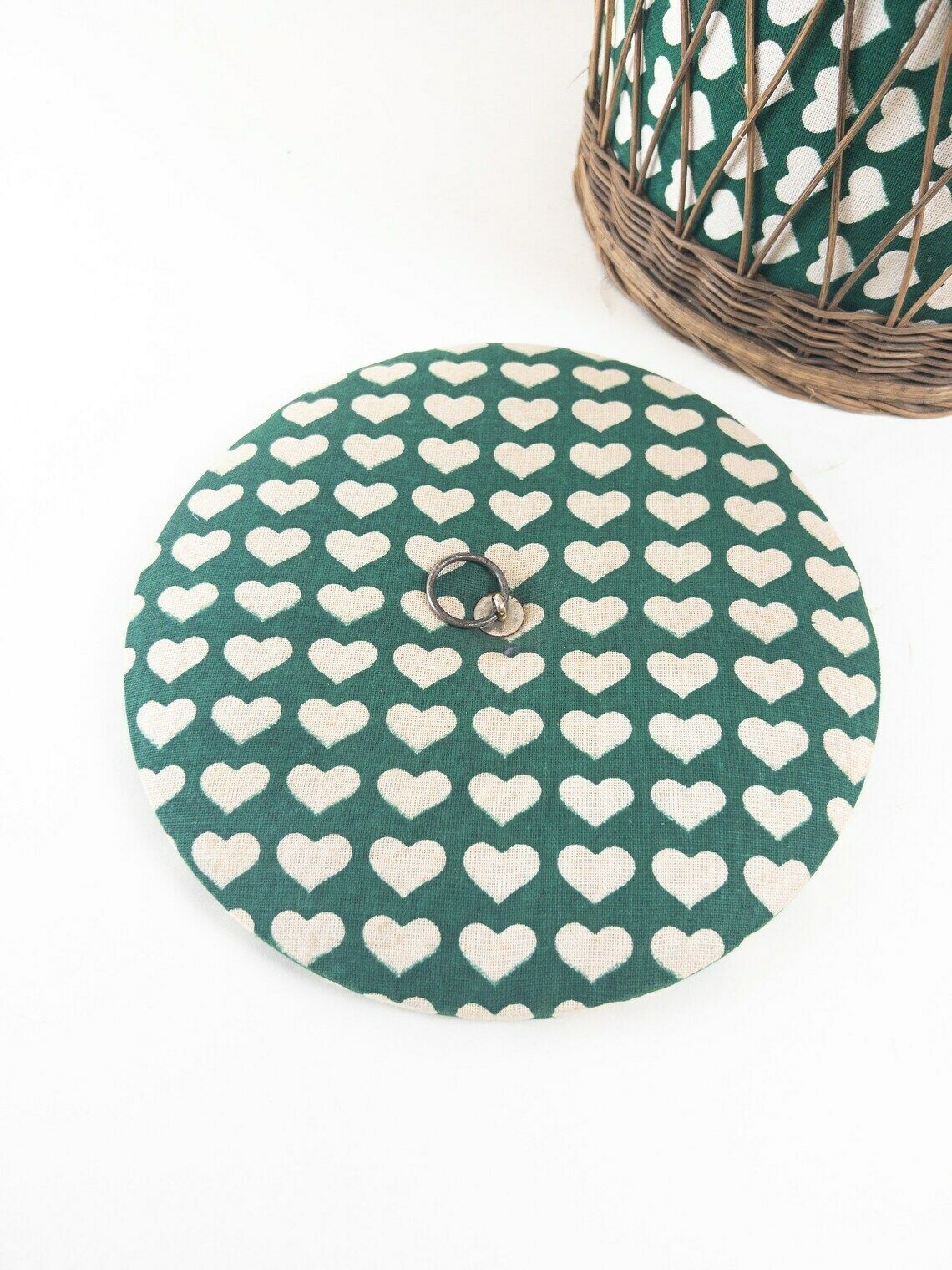 Round Green Wicker Sewing Basket With Heart Motif   Knitting Basket   Yarn Basket   Mid Century Decor photo buy