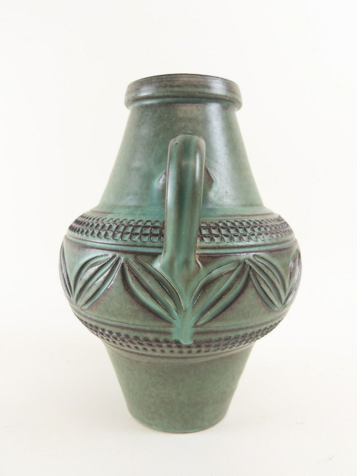 West German Pottery   Knödgen Edelkeramik Ilkra Ceramic Vase With Handle   Jade Green Handmade Heavy Vase photo vintage