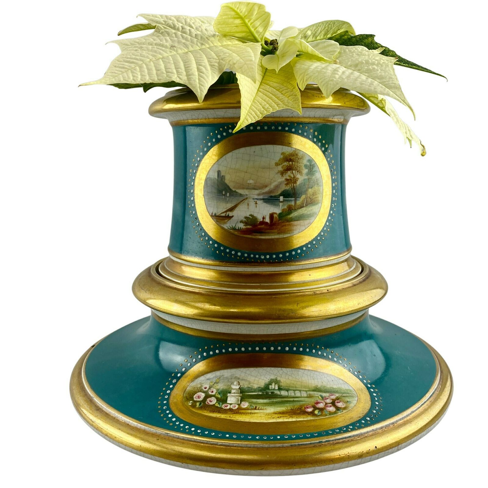 19th Century Porcelain Stand With Inscription   1873   Jardinier   Planter   Gilt & Turquoise   Country House Decor