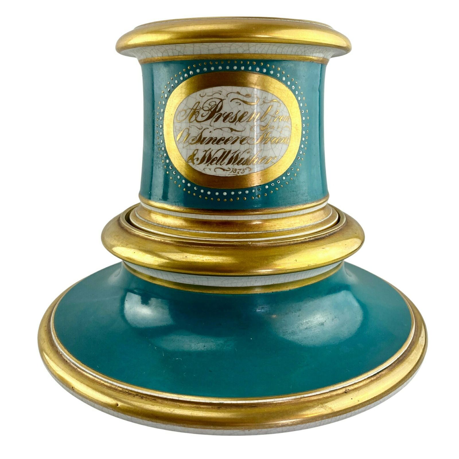 19th Century Porcelain Stand With Inscription   1873   Jardinier   Planter   Gilt & Turquoise   Country House Decor photo furniture