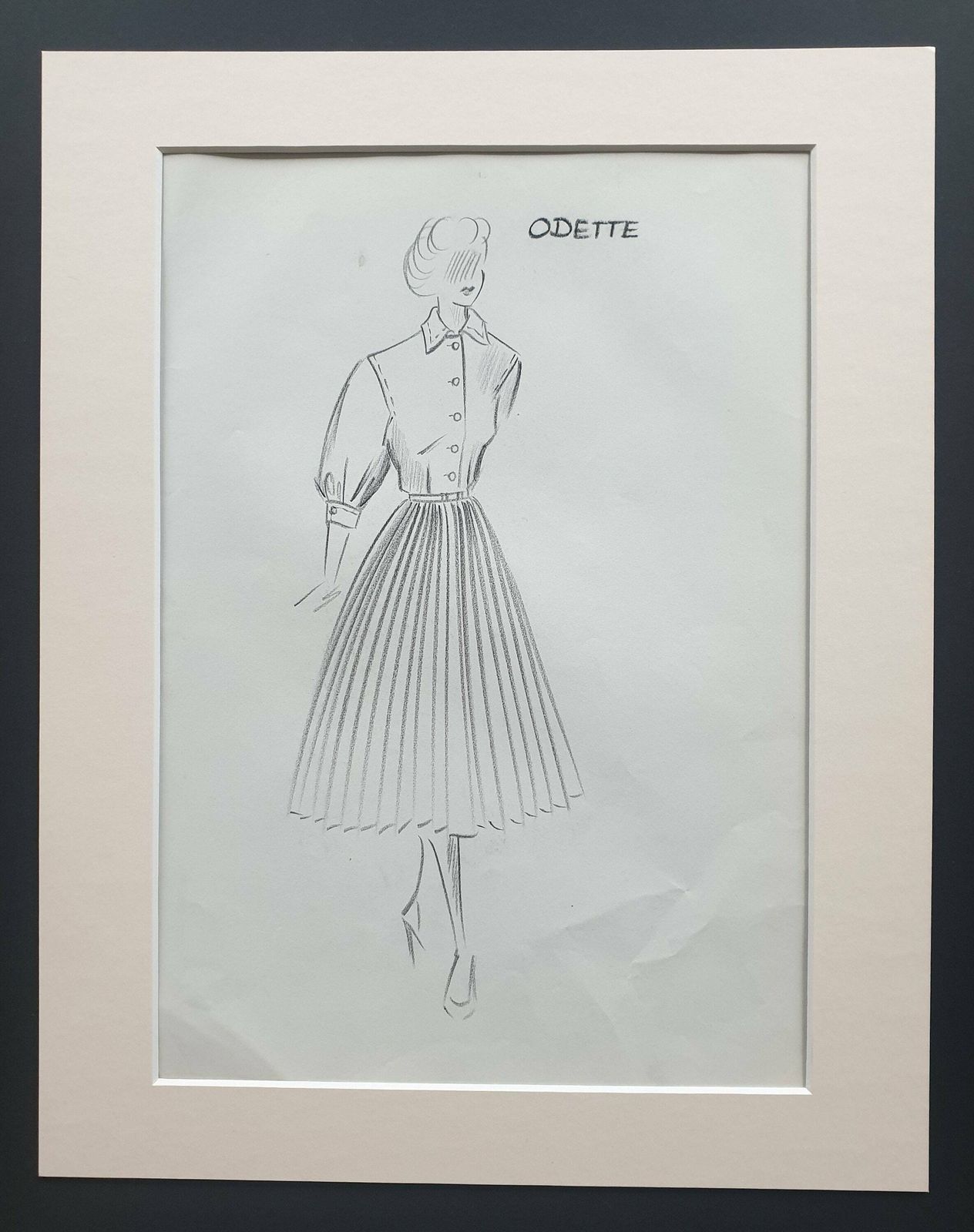 Odette   Original 1951 Fashion Design Sketch In Pencil (In Mount)